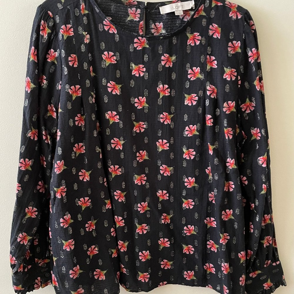 LOFT Black Floral Long Sleeve Blouse - Size L